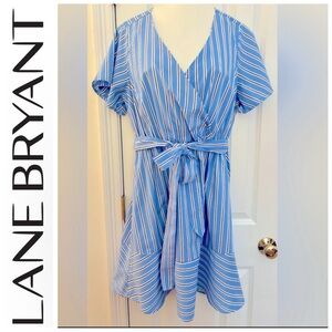 Lane Bryant Dress women’s sz 14 Faux Wrap, blue/white stripe, EUC, cotton poplin